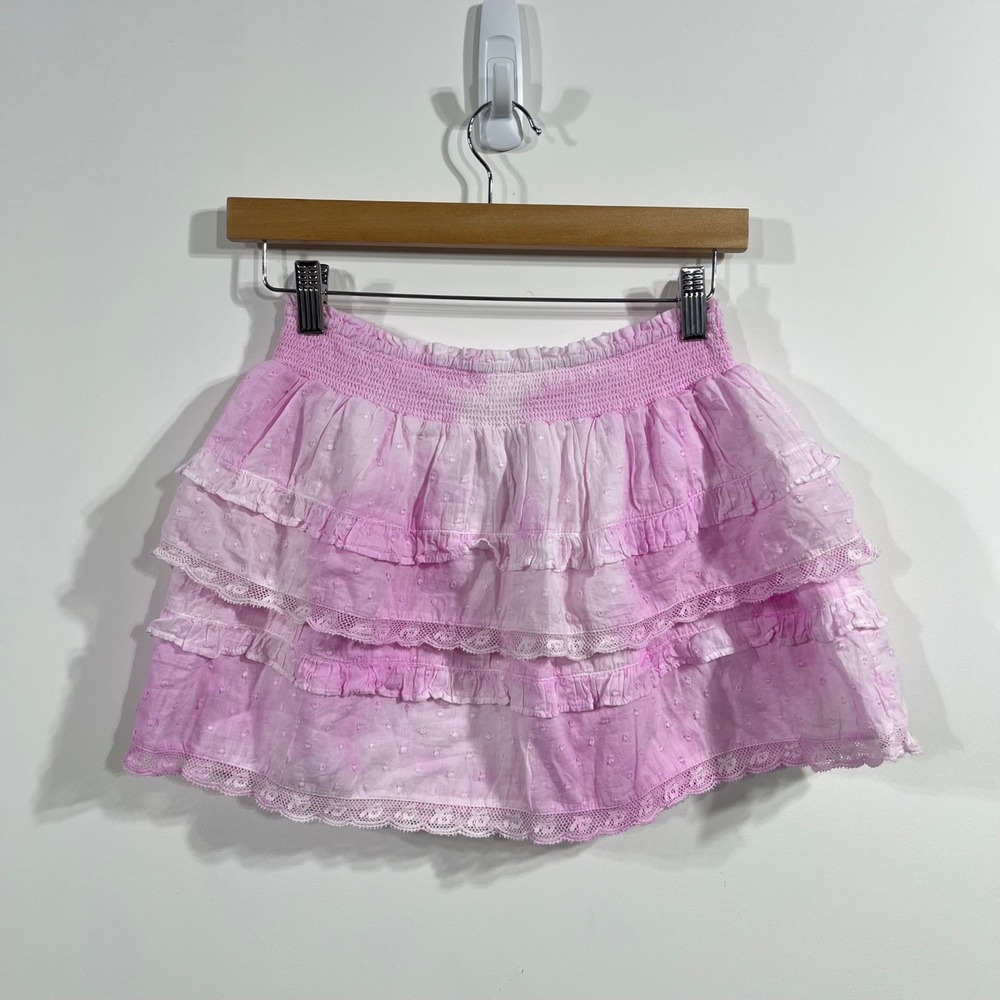 NWOT LoveShackFancy Pink Tie Dye Swiss Dot Lace Ruffle Tiered Skirt Girls 14Y